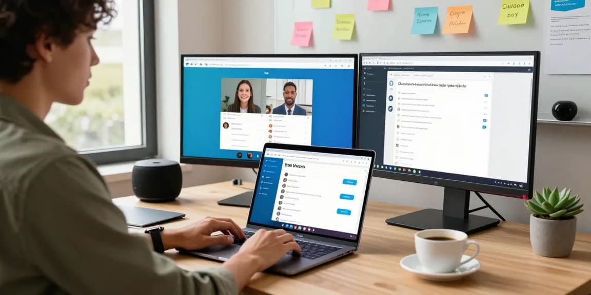 Using Telegram Web Version on a laptop in a vibrant office workspace with collaboration elements.
