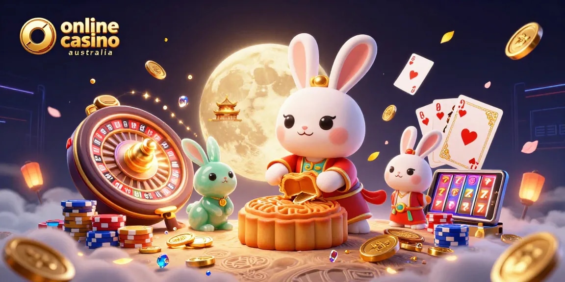 Engage with the vibrant world of online casino Australia featuring a moon rabbit and poker elements.
