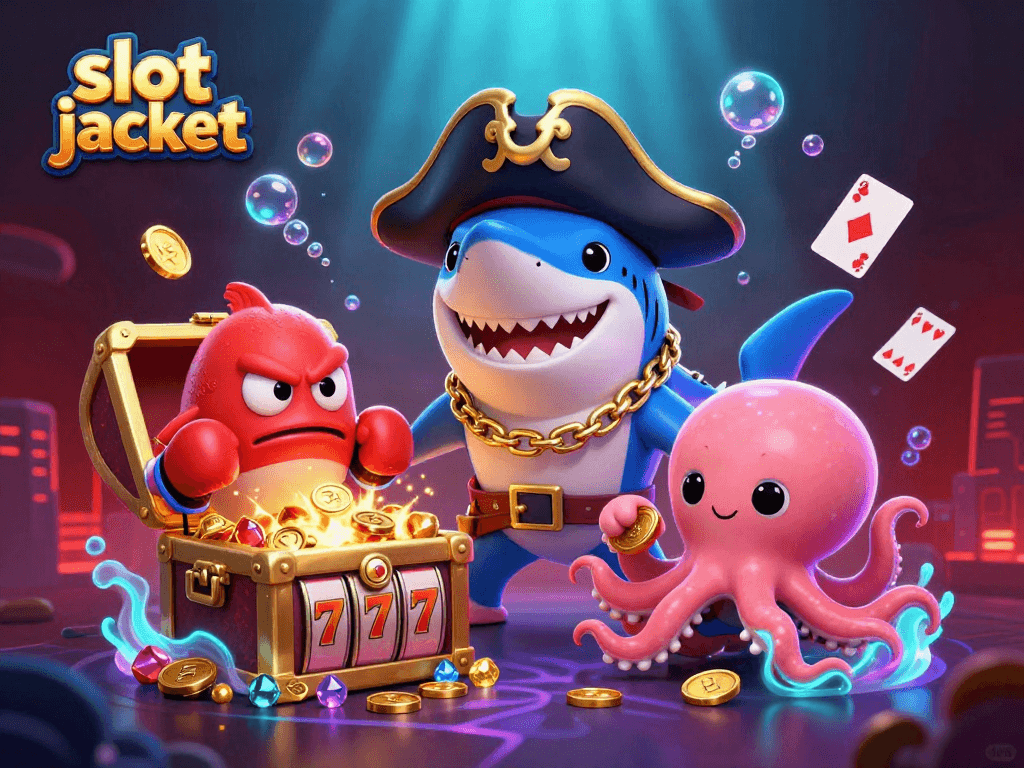 Engaging scene featuring a slot jackpot theme with characters celebrating wins amidst coins and playing cards.