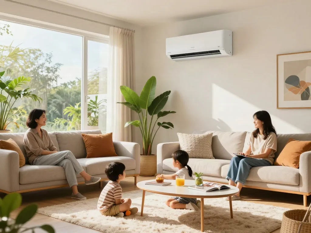 Ductless air conditioner in a stylish living room providing comfort to a family enjoying their time together.