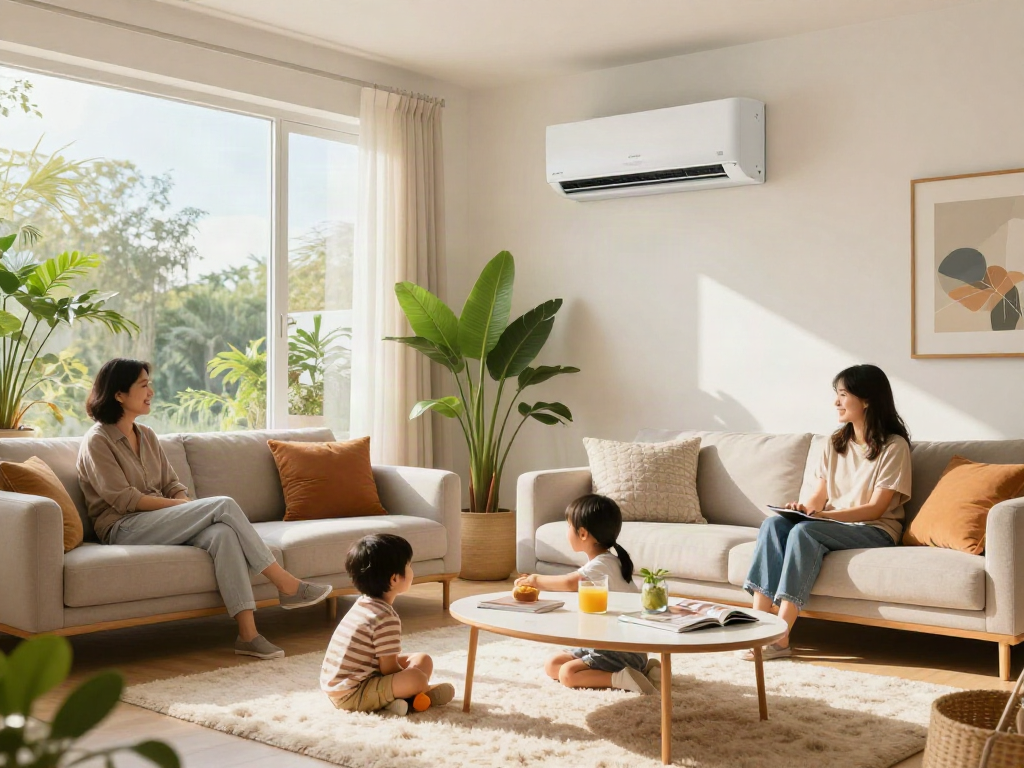 Ductless air conditioner in a stylish living room providing comfort to a family enjoying their time together.