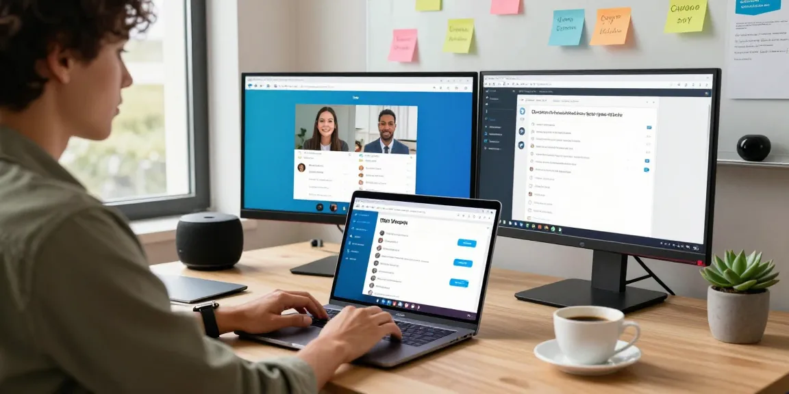 Using Telegram Web Version on a laptop in a vibrant office workspace with collaboration elements.