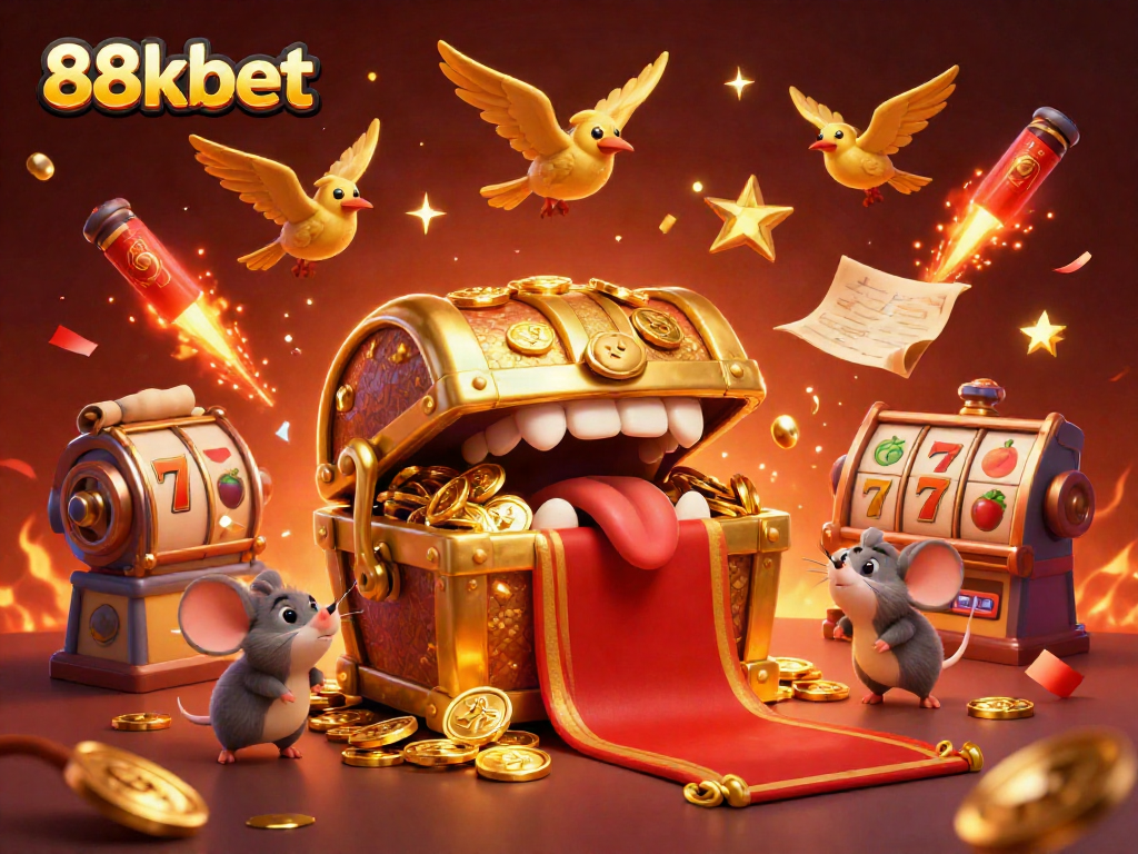 Engage in exciting gaming with 88kbet featuring enticing slot machines and treasure-filled illustrations.