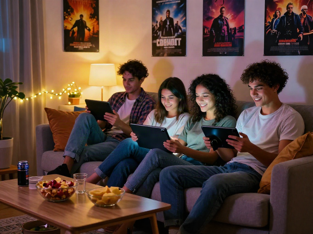 Friends enjoying moviesbox app on tablet in cozy living room environment.
