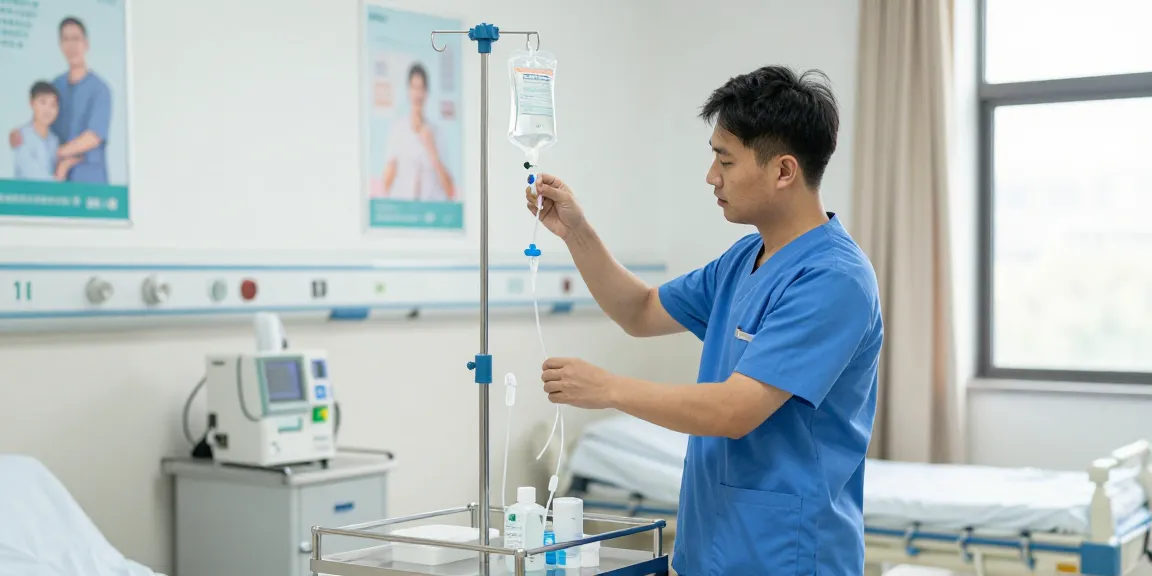IV supplies prepared in a professional healthcare setting with equipment and a caring atmosphere.