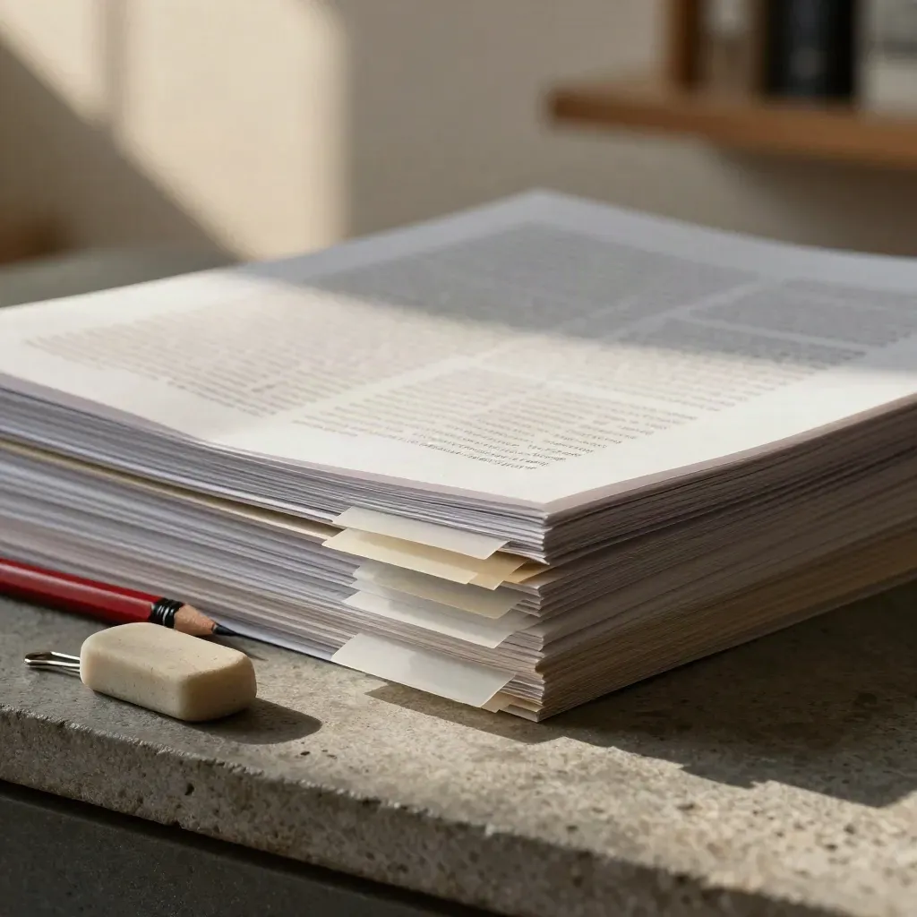 Sunlit proof stack with color tabs, red pencil, binder clip and eraser on stone.