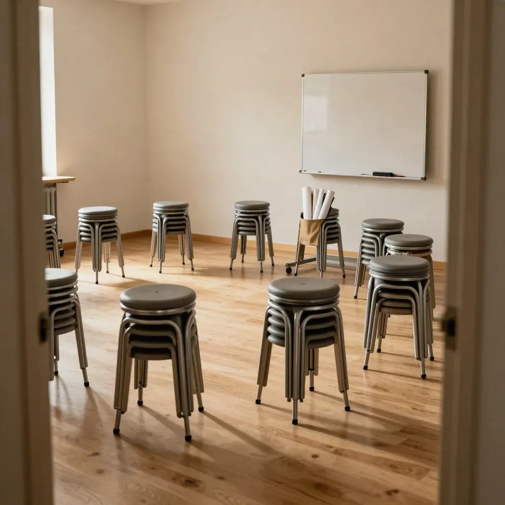 Empty workshop room with stools in a circle, pinboard, paper tubes and marker caddy in soft daylight.