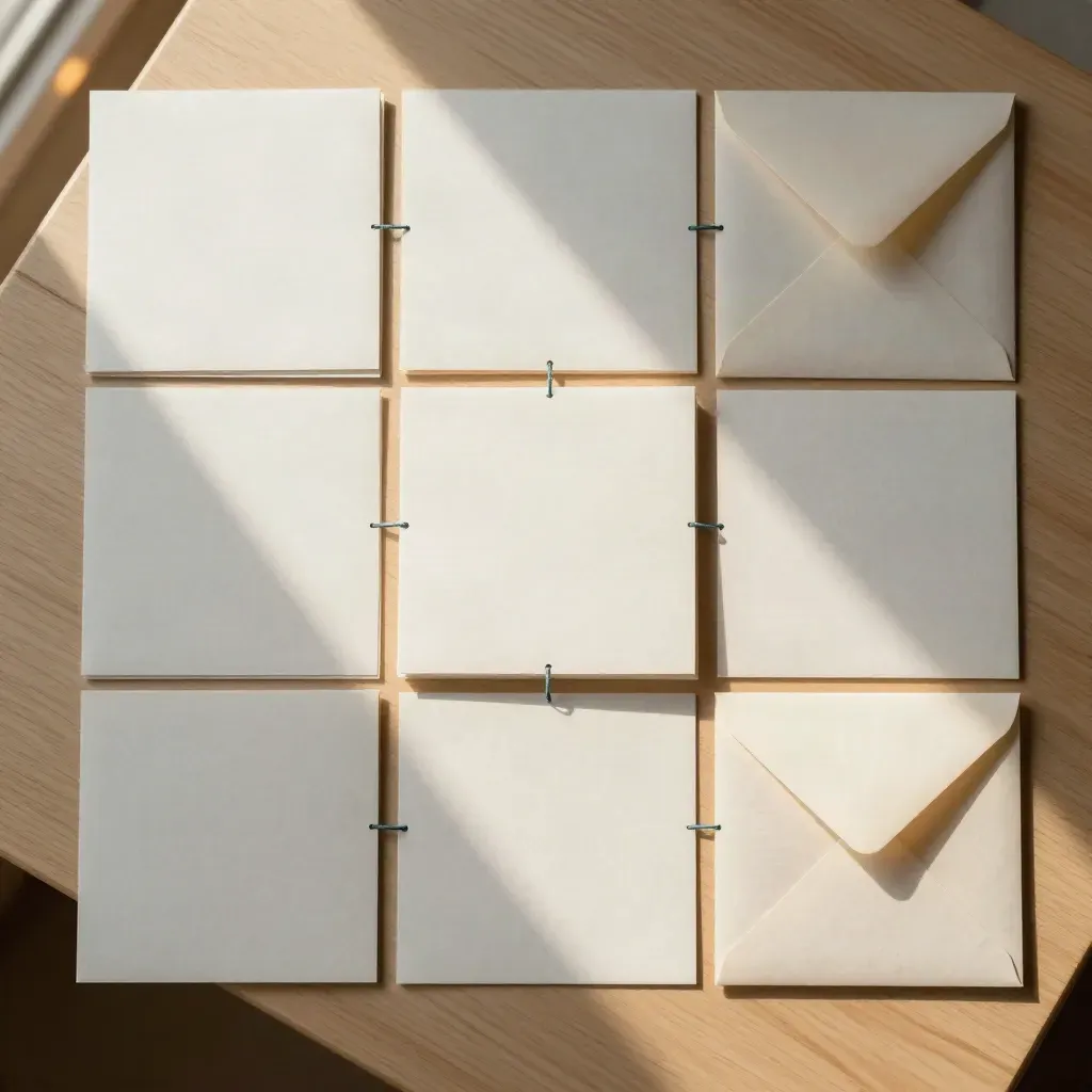 Overhead message framework cards, teal connectors, and proof envelopes on pale oak in warm light.