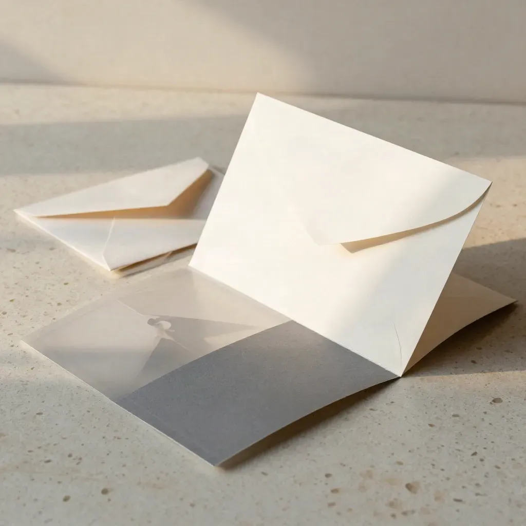 Accordion leaflet, envelope, and translucent cards in motion on pale plaster
