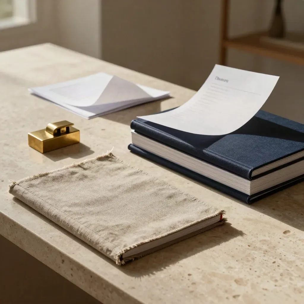 Consulting studio still life with strategy deck, books, revision sheets and brass weight on limestone.