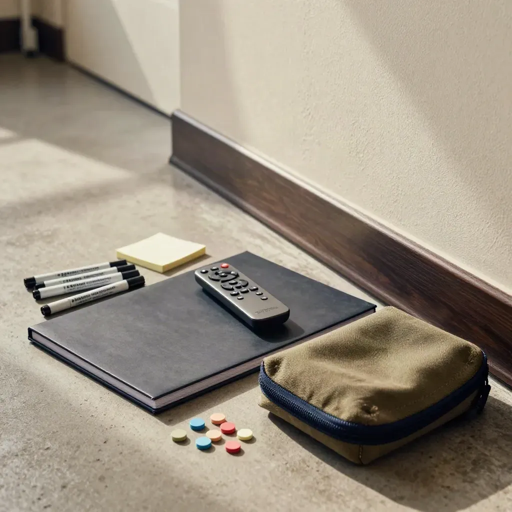 Trainer kit with markers, remote, binder, sticky dots, and canvas case on a concrete floor.