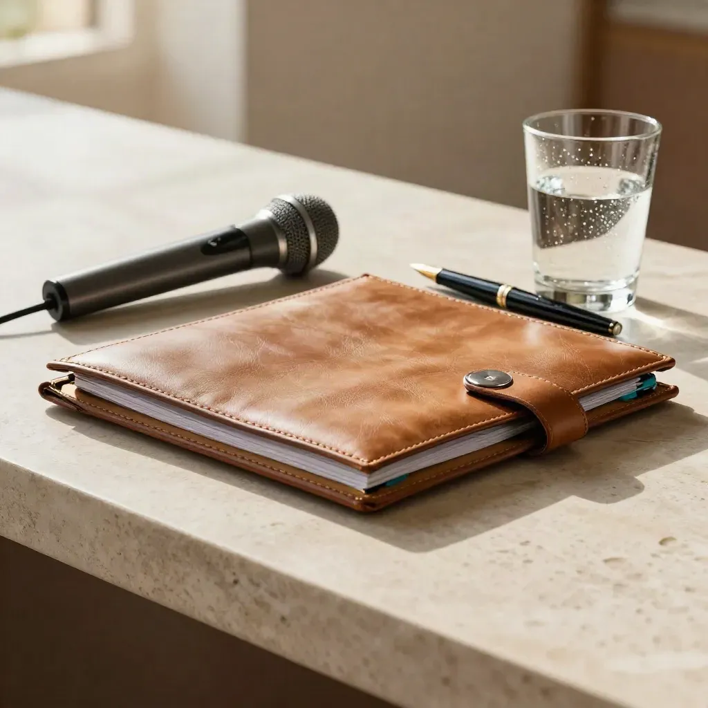 Leather briefing folio, mic, fountain pen and water glass on pale stone in warm light