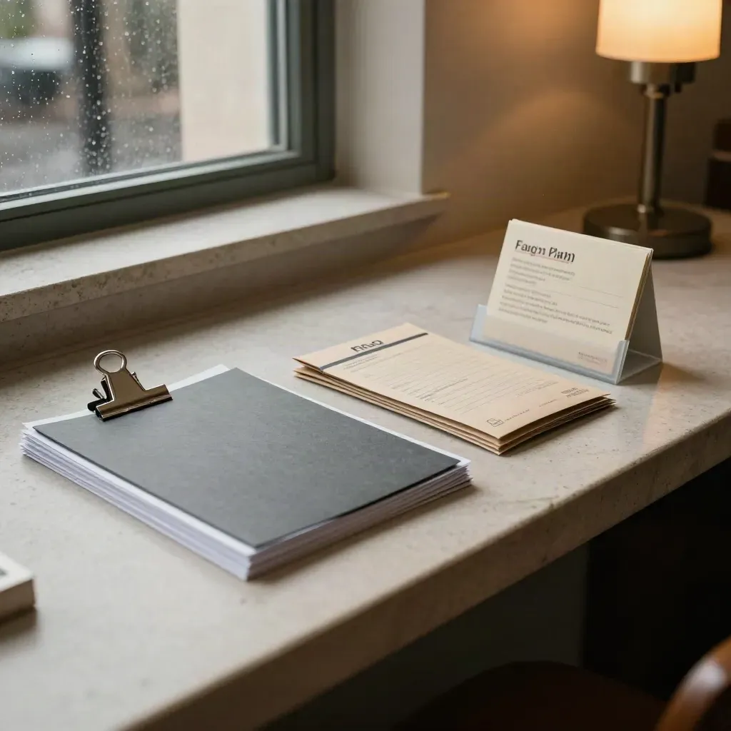 Neat municipal form packet with mailer and FAQ holder on a pale stone counter.