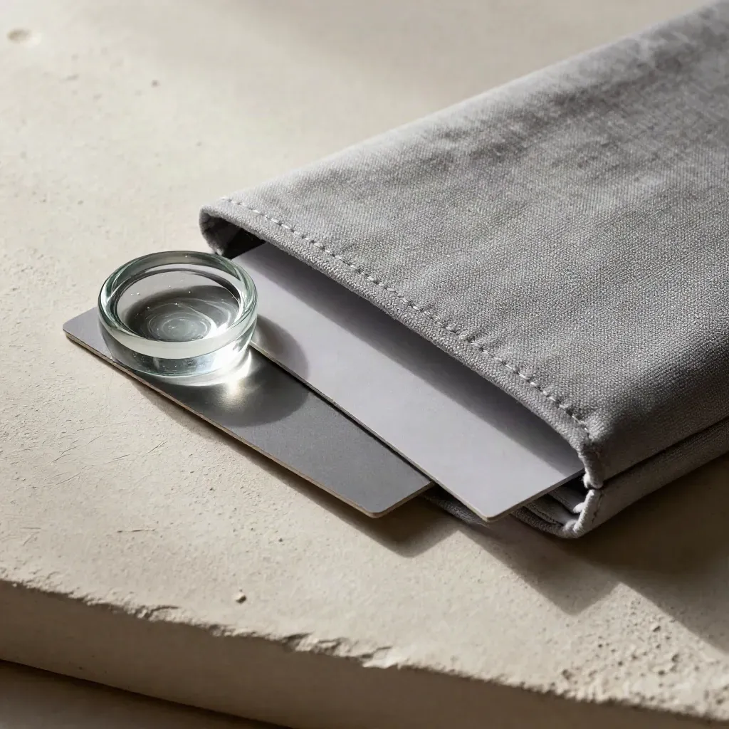 Macro of a linen-wrapped presentation deck with proof card and glass paperweight on warm plaster.