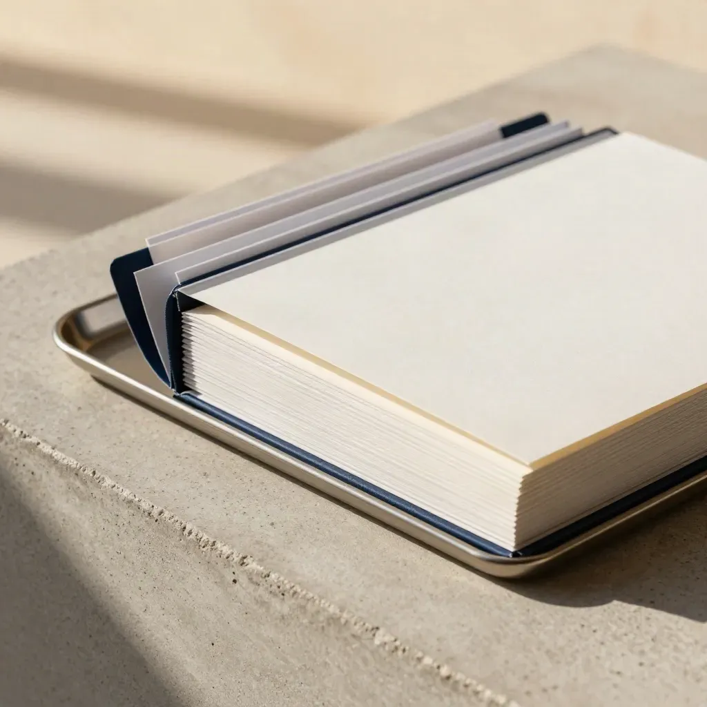 Tabbed briefing packet and pen tray on concrete in warm window light