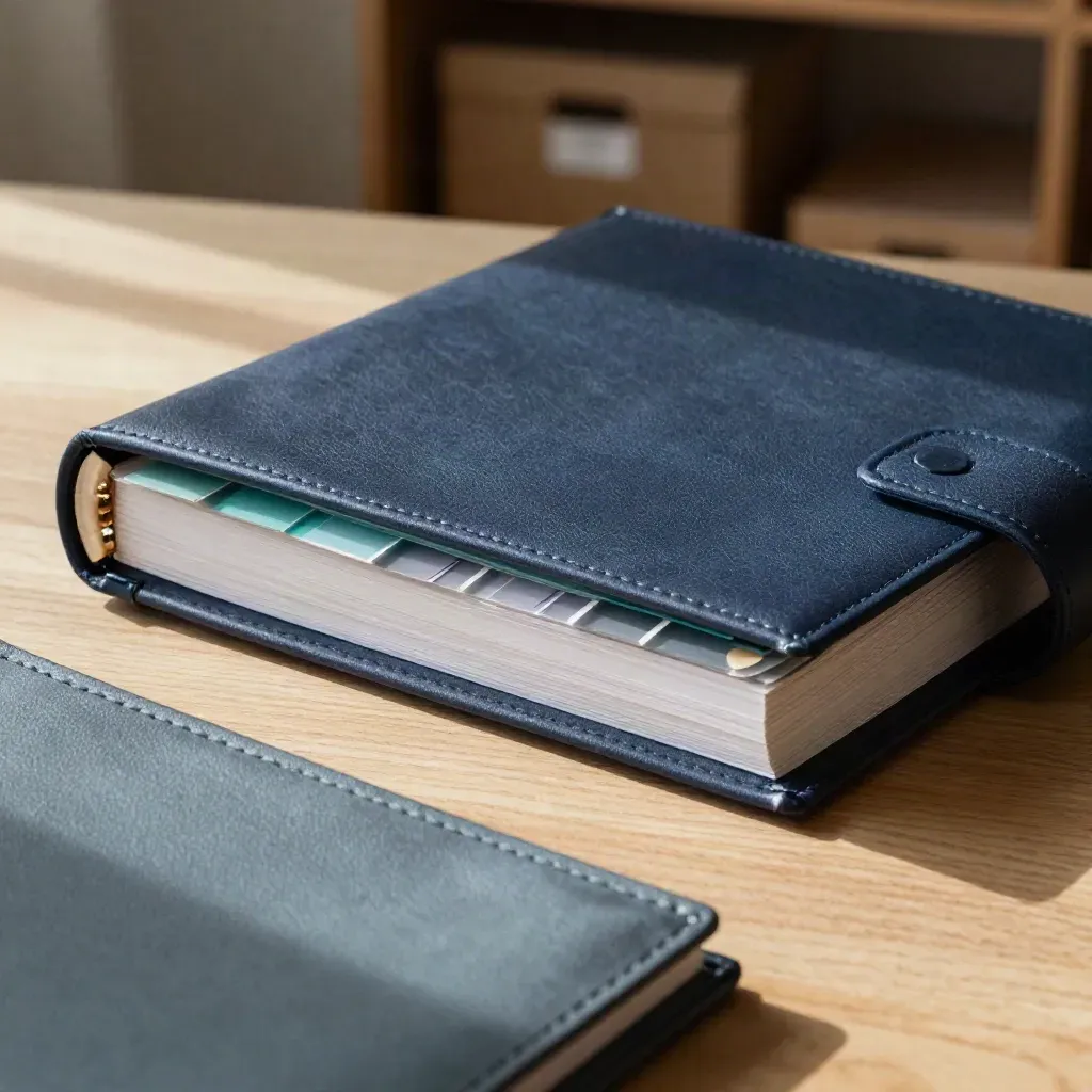 Open plain-language guide binder with tabbed dividers on pale oak in a calm consulting studio.