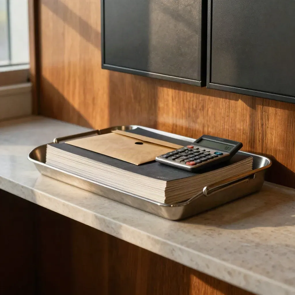 Brochure stack, envelope, calculator and receipt tray on a stone shelf in soft daylight.