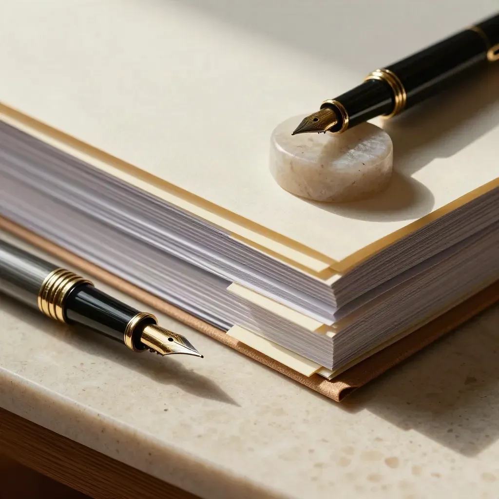 Macro still life of annotated folders, fountain pen, brass clips, and a stone paperweight on travertine.