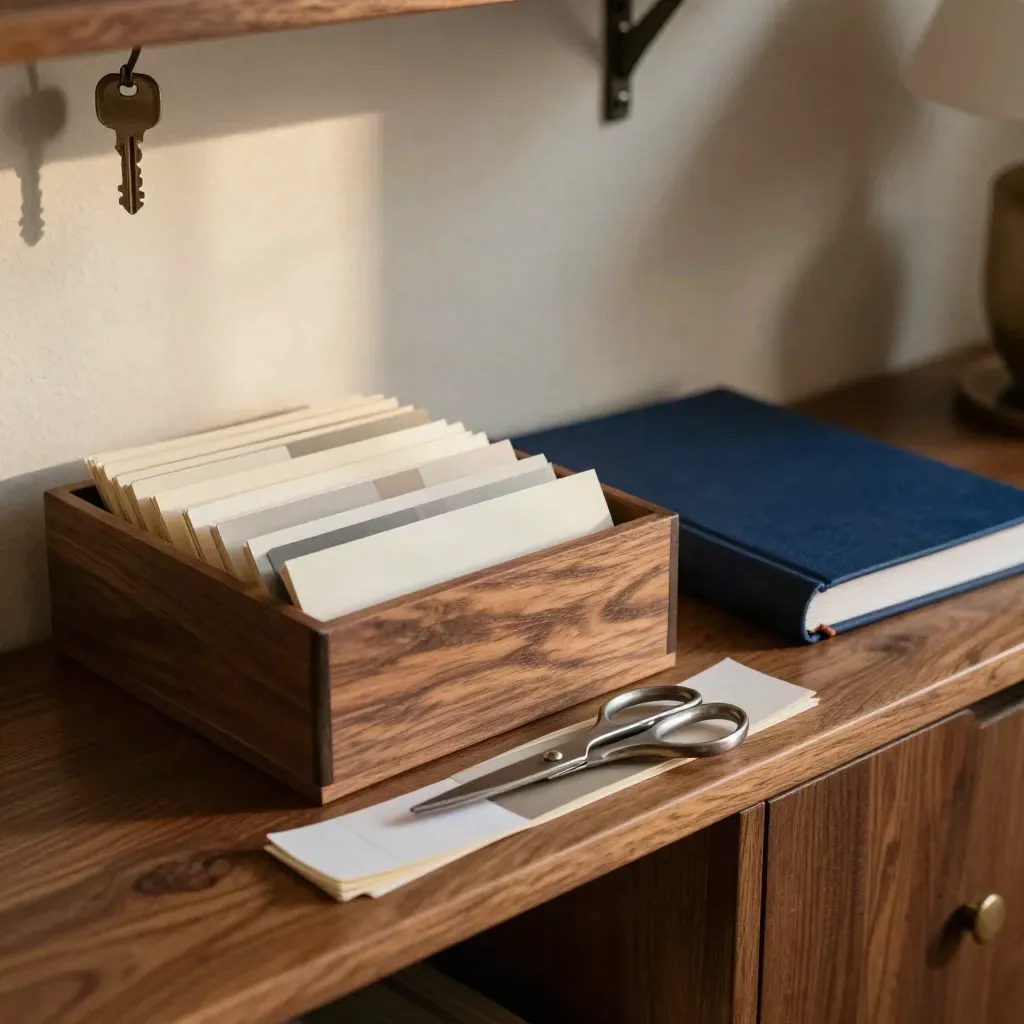 Open card index box with tabs, style guide, and scissors on a walnut surface.