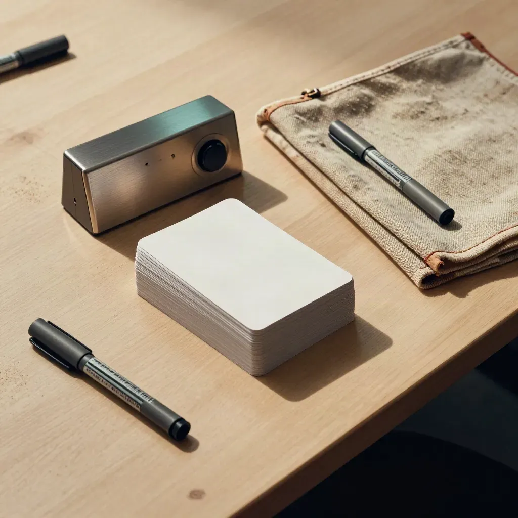 Facilitator kit with cue cards, timer, marker caps, and folded canvas mat on birch floor