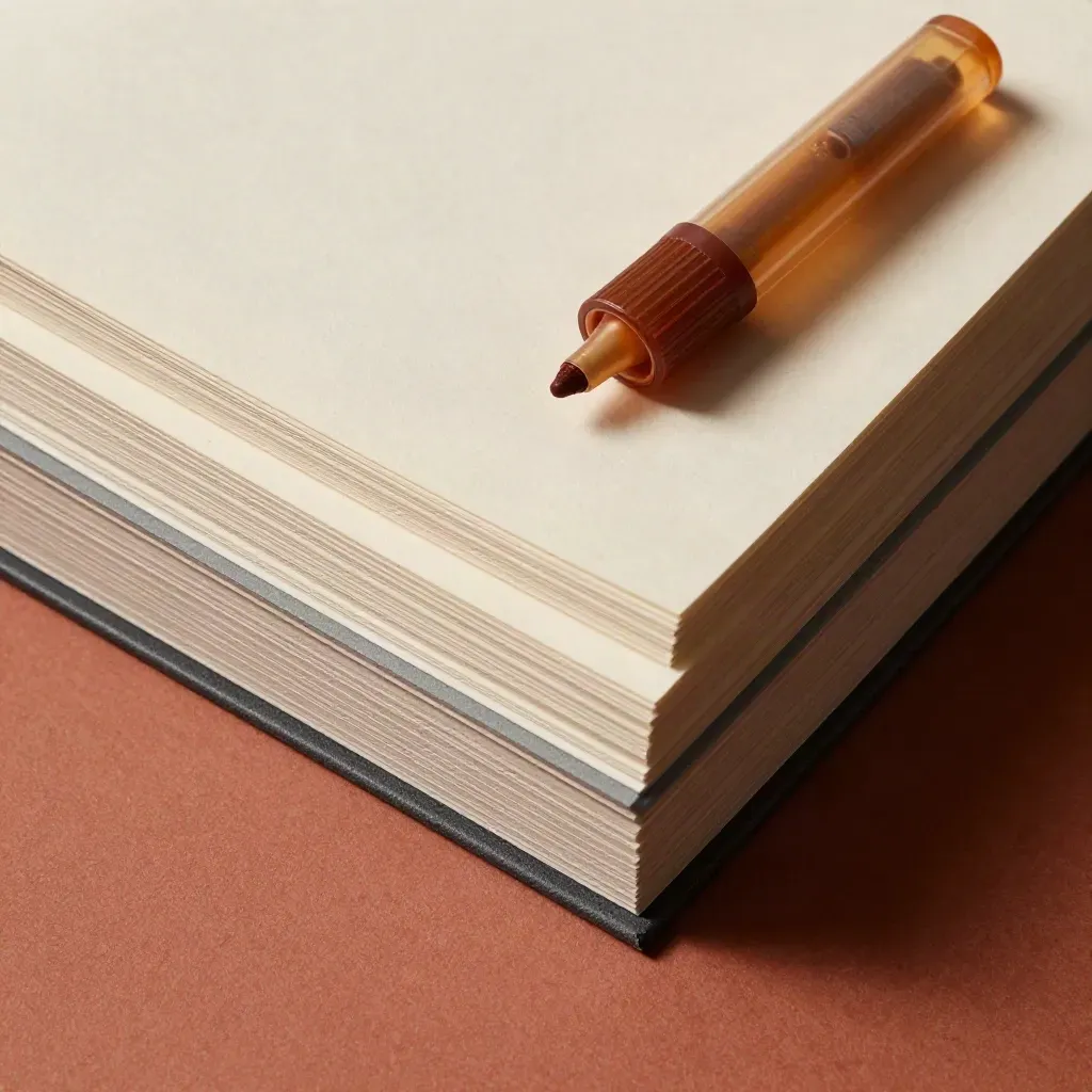Overhead proof stack with tabs, highlighter, and file spine on terracotta plaster.