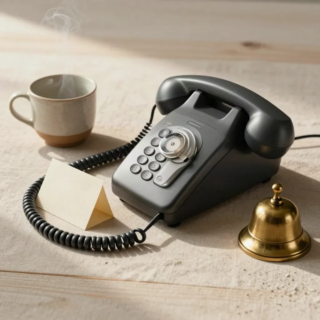 Phone, card, cup and brass bell on pale wood in soft side light.