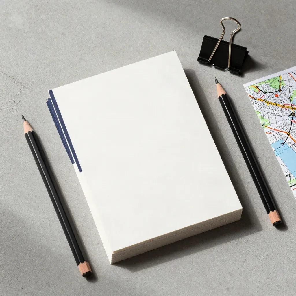 Overhead flatlay of message cards, pencil stub, binder clips, and folded roadmap on concrete.