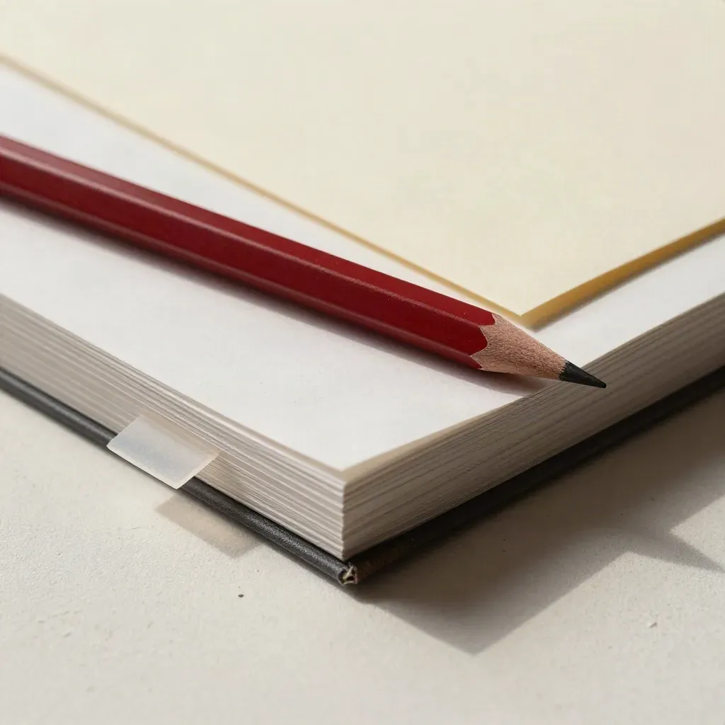 Red editing pencil, proof booklet and translucent tabs on a soft plaster sweep, lit from one side.