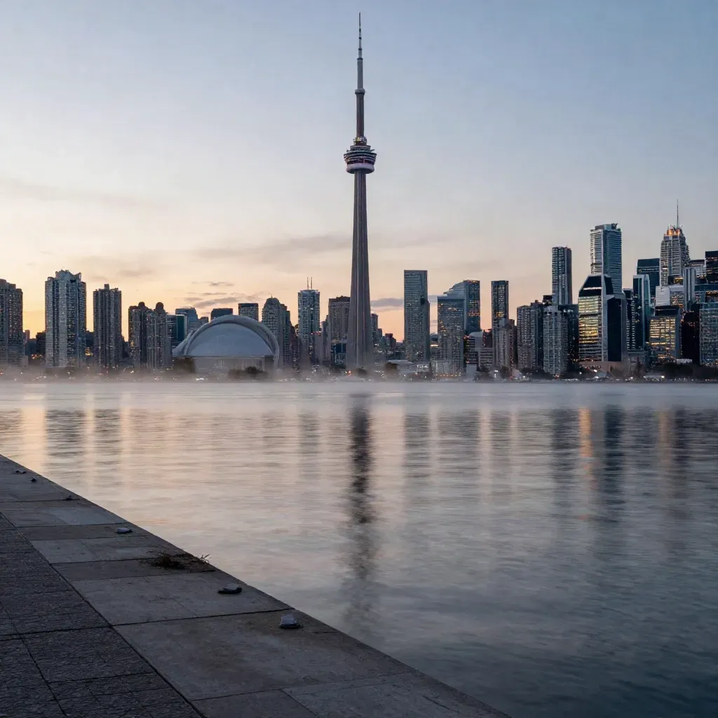 Toronto skyline and CN Tower over misty harbour at blue hour