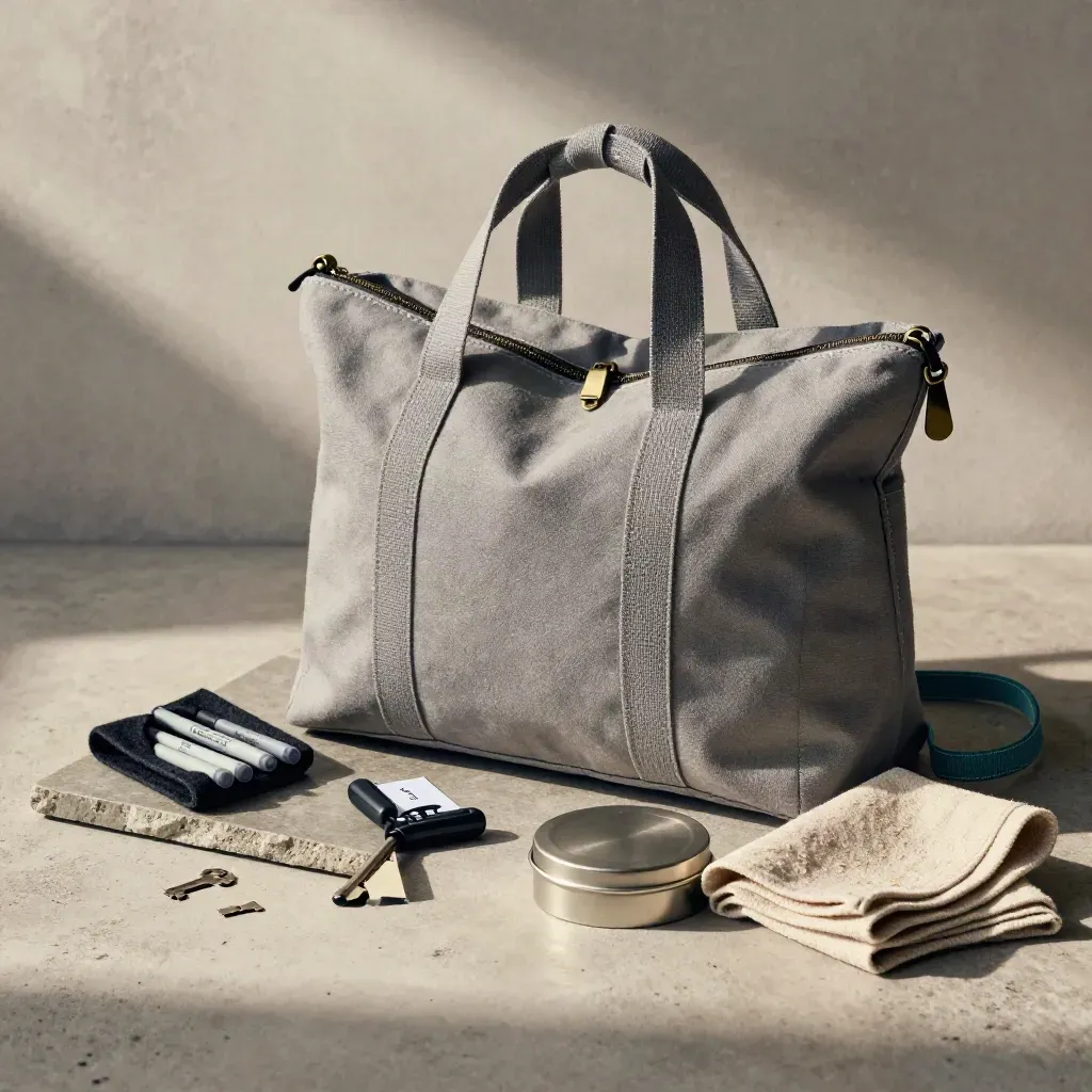 Zipped training tote with markers, remote, name tents and tin on a stone tray