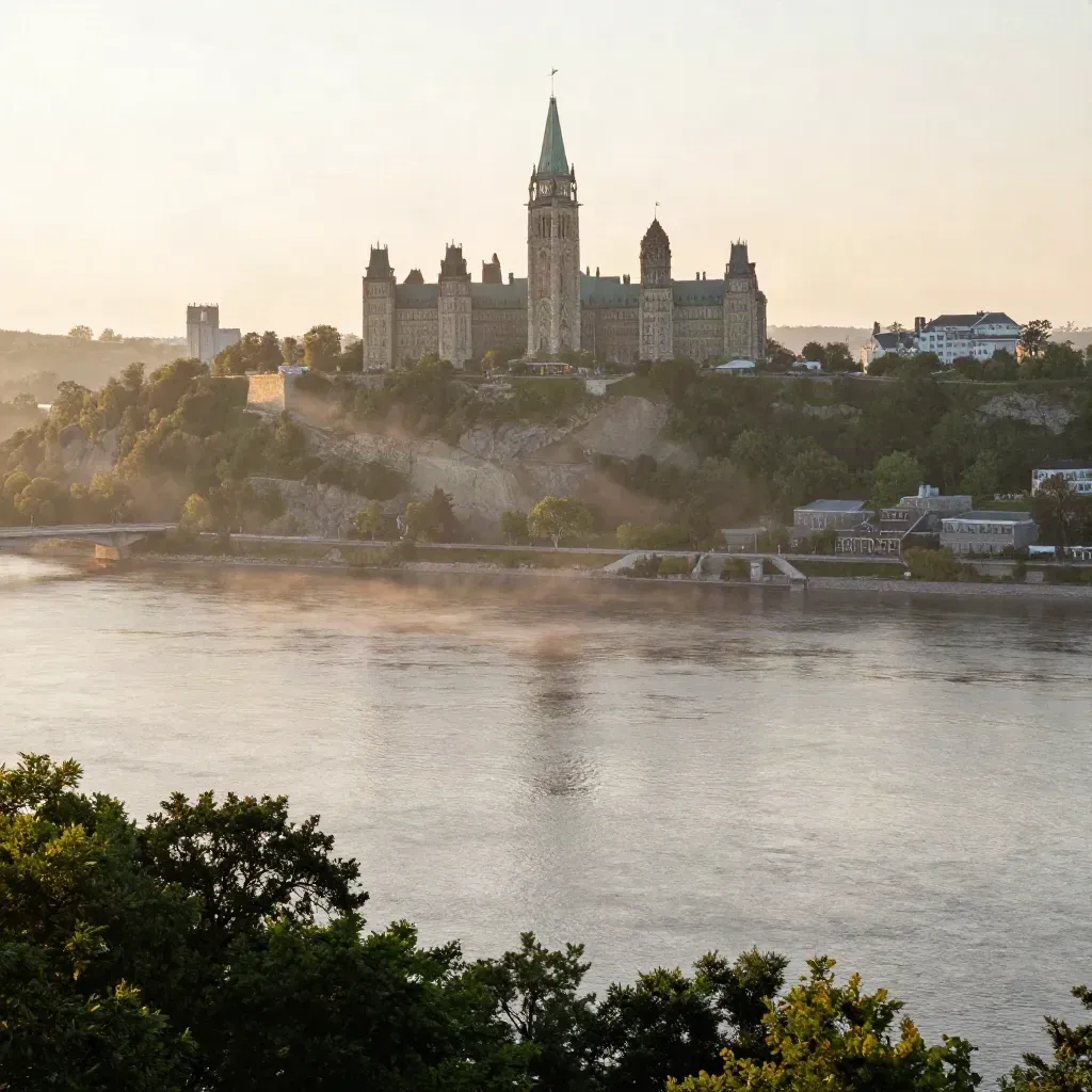 Ottawa River at sunrise with Parliament Hill high on the ridge and mist over the valley