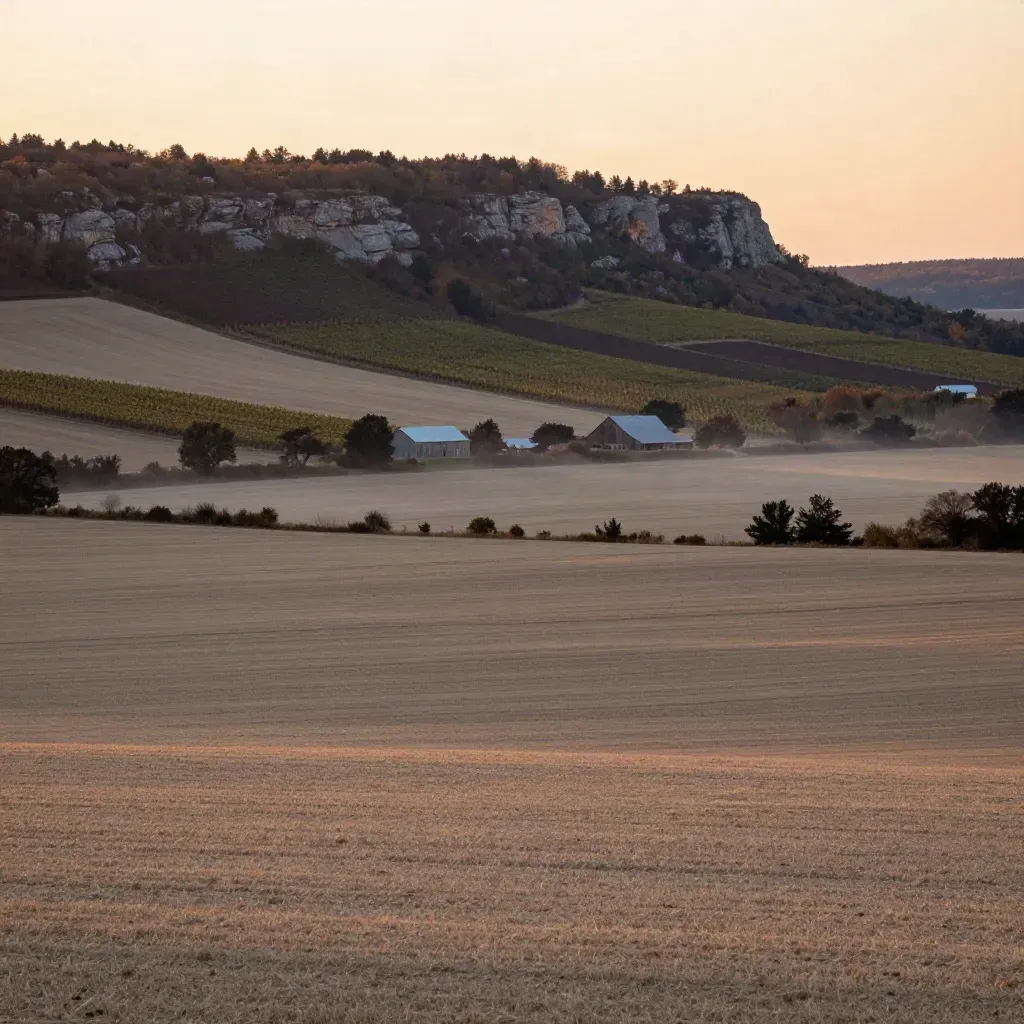 Golden Southern Ontario escarpment above farmland and vineyards with misty open fields below.