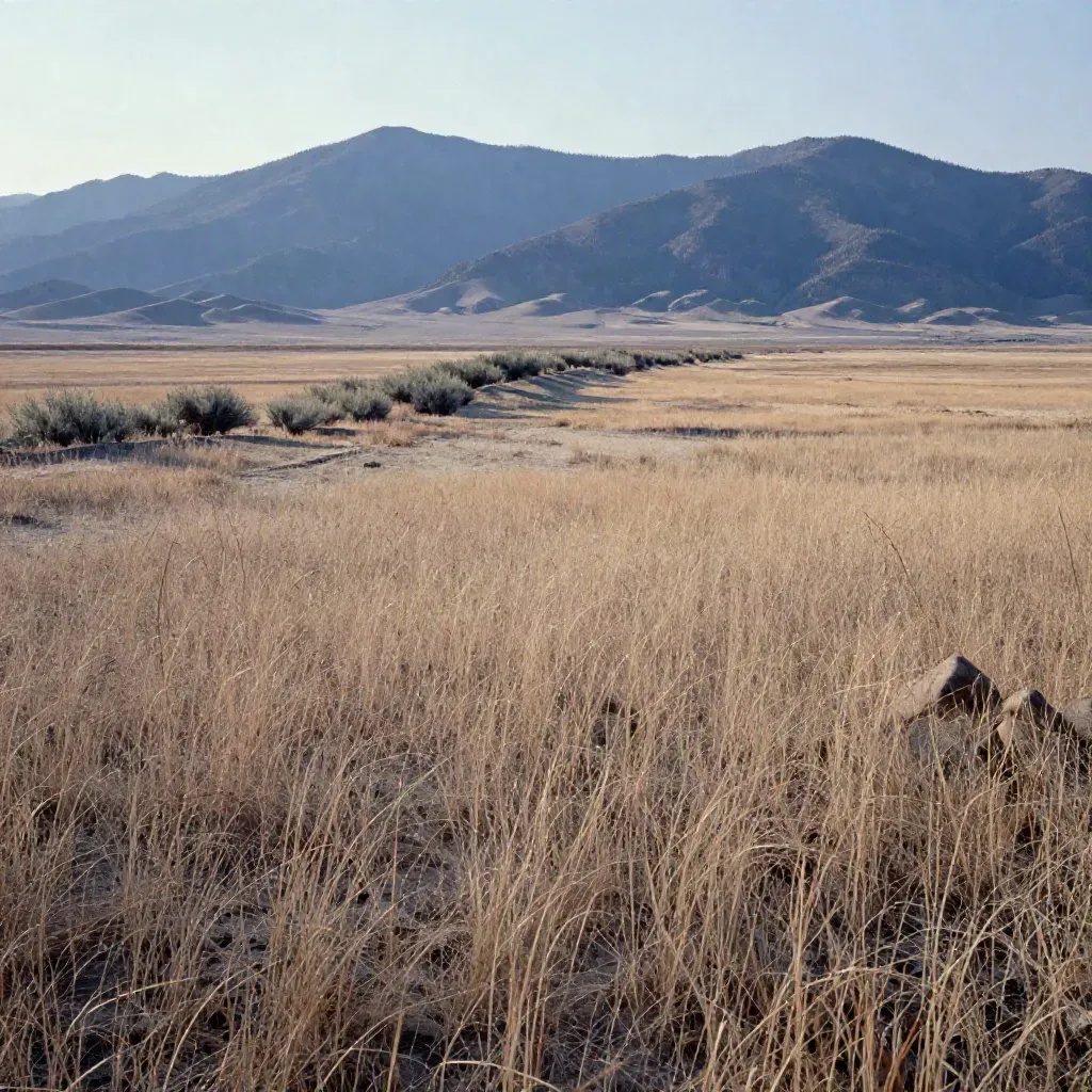 Prairie foreground with distant blue mountain peaks in warm golden haze