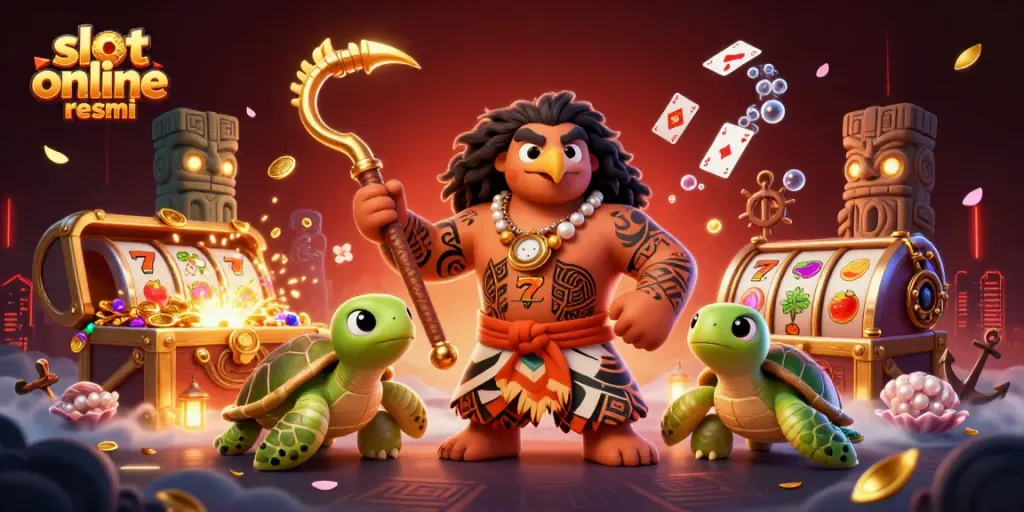 Spin the reels of slot online resmi with a vibrant 3D Polynesian-inspired casino scene.