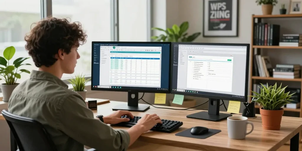 WPS Download in a vibrant tech workspace with software interface on dual monitors and a focused professional.