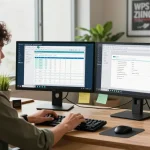 WPS Download in a vibrant tech workspace with software interface on dual monitors and a focused professional.